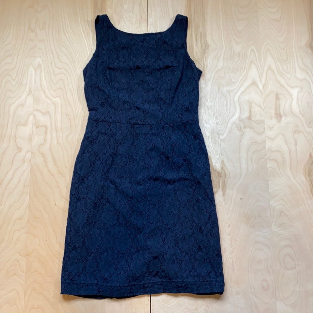 Navy blue sheath dress with lace overlay - women’s size 2